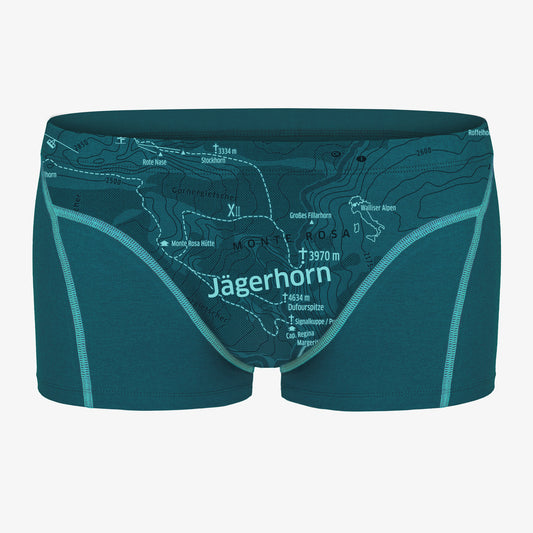 EIN SCHÖNER FLECK ERDE. Boxershorts JÄGERHORN pfauenblau. Unterwäsche aus Bio-Baumwolle. Unterhose für Bergtouren.