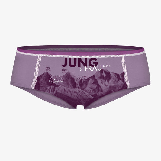 Sportlich geschnittene Damen-Unterhose im Farbton flieder mit Motiv Jungfrau. Berg in der Schweiz. Jungfrau, Eiger, Mönch.