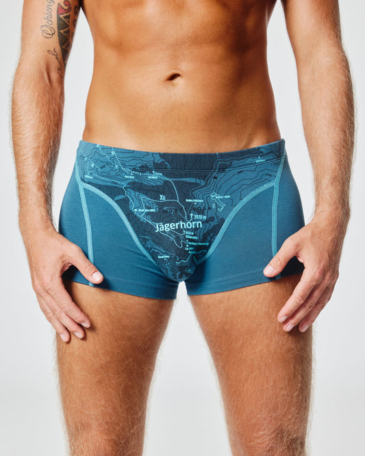 EIN SCHÖNER FLECK ERDE. Boxershorts JÄGERHORN pfauenblau. Unterwäsche aus Bio-Baumwolle. Unterhose für Bergtouren.