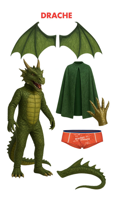 Grünes Drachenkostüm mit Flügeln, Umhang, Drachenhand, Drachenschwanz, Ganzkörperanzug und roter Unterhose mit Aufdruck Drachenschlucht und Bergmotiv