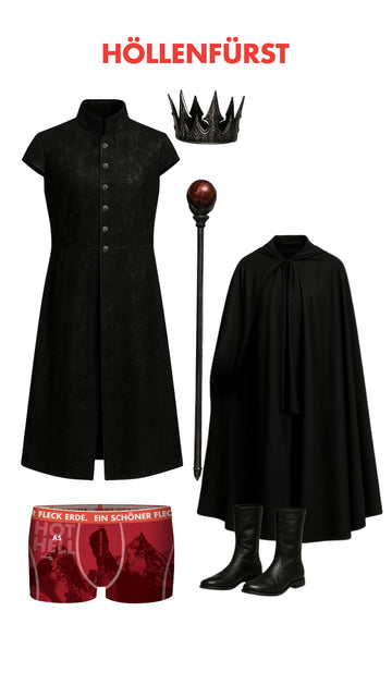 Schwarzes Höllenfürst-Kostüm mit Krone, Zepter, langem Mantel, Stiefeln, schwarzem Anzug und roter Unterhose mit Bergmotiv und Schriftzug HOT AS HELL