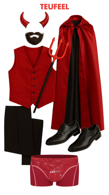 Rotes Teufelskostüm mit Hörnern, Bart, Dreizack, rotem Umhang, roter Weste, schwarzer Hose, schwarzen Schuhen und roter Unterhose mit Aufdruck FIREHORN und Bergmotiv
