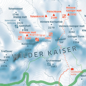 WIlder Kasier, Landkarte mit Ellmauer Halt ,Fleischbank, Totenkirchl und Goinger Halt, Kaisergebirge