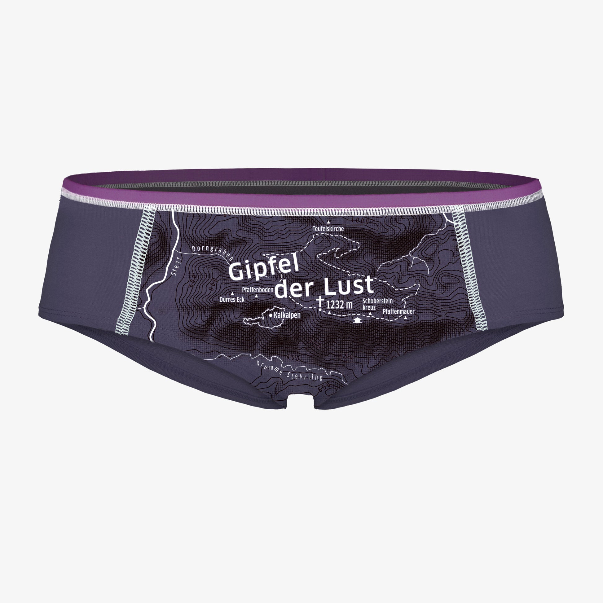 Damen Unterhose Gipfel der Lust. Design mit Höhenlinien und Höhenmetern. Sportlicher Schnitte. Unterwäsche für Berge.