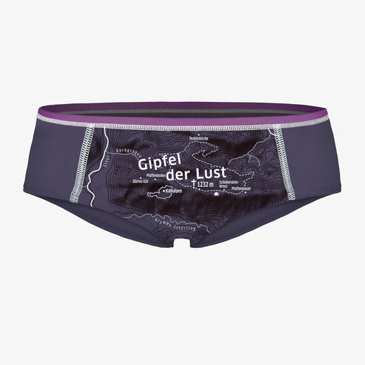 Damen Unterhose Gipfel der Lust. Design mit Höhenlinien und Höhenmetern. Sportlicher Schnitte. Unterwäsche für Berge.
