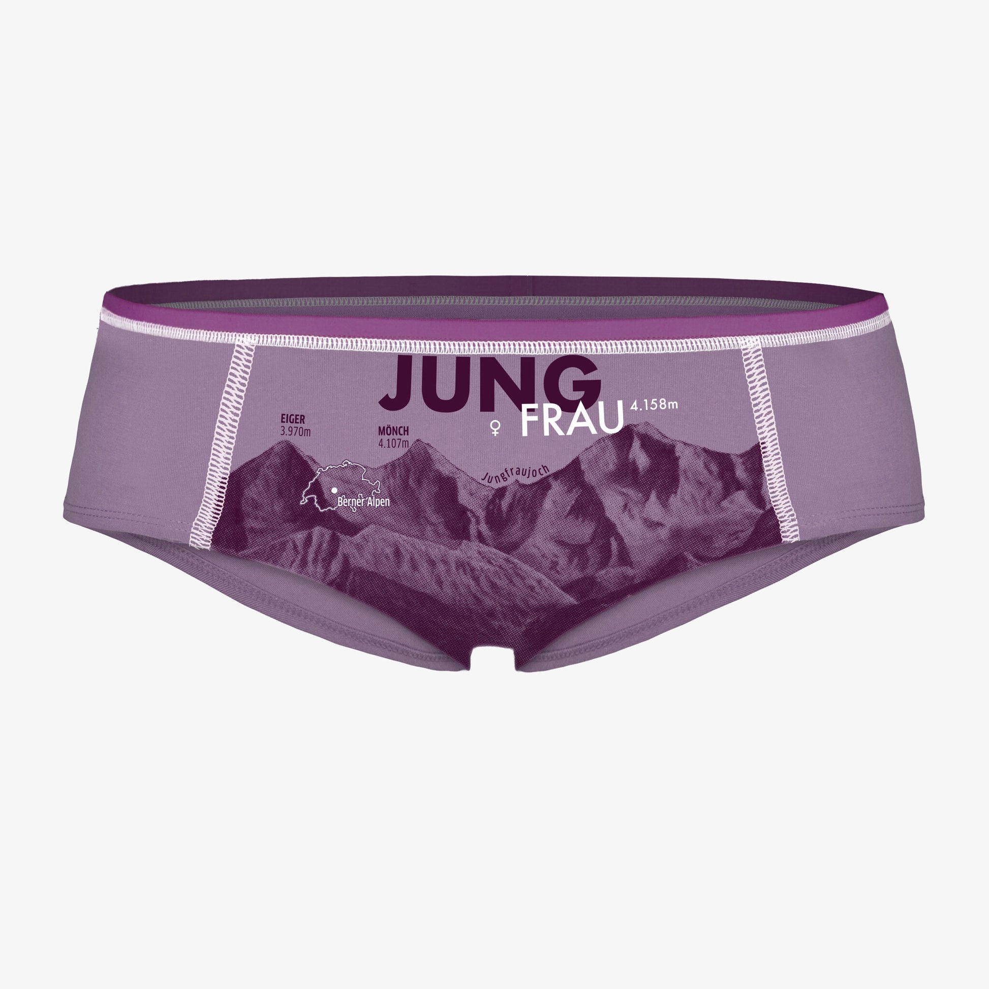 Sportlich geschnittene Damen-Unterhose im Farbton flieder mit Motiv Jungfrau. Berg in der Schweiz. Jungfrau, Eiger, Mönch.
