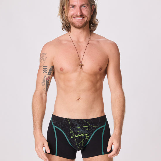 EIN SCHÖNER FLECK ERDE. Herren-Unterhose aus Bio-Baumwolle. Motiv Großglockner. Originelle Unterwäsche aus Österreich. Nachhaltig. Unterwäsche aus Bio-Baumwolle.