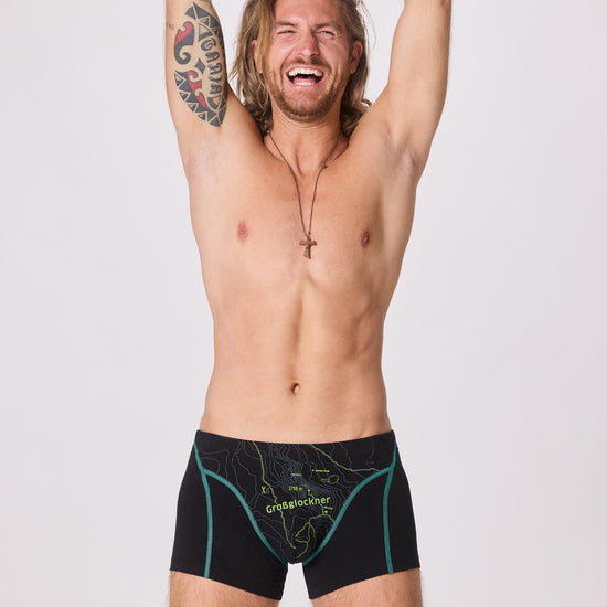 EIN SCHÖNER FLECK ERDE. Herren-Unterhose aus Bio-Baumwolle. Motiv Großglockner. Originelle Unterwäsche aus Österreich. Nachhaltig. Unterwäsche aus Bio-Baumwolle.