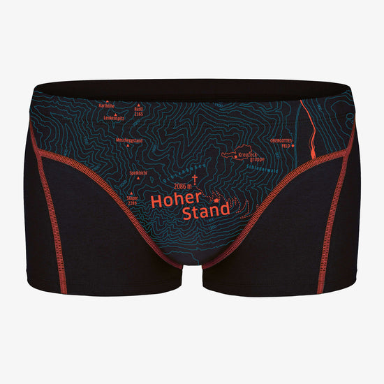 Herren Unterhose Hoher Stand. Bergmotiv. Unterhose mit Gipfel und Höhenlinien. Unterwäsche für Bergsteiger.