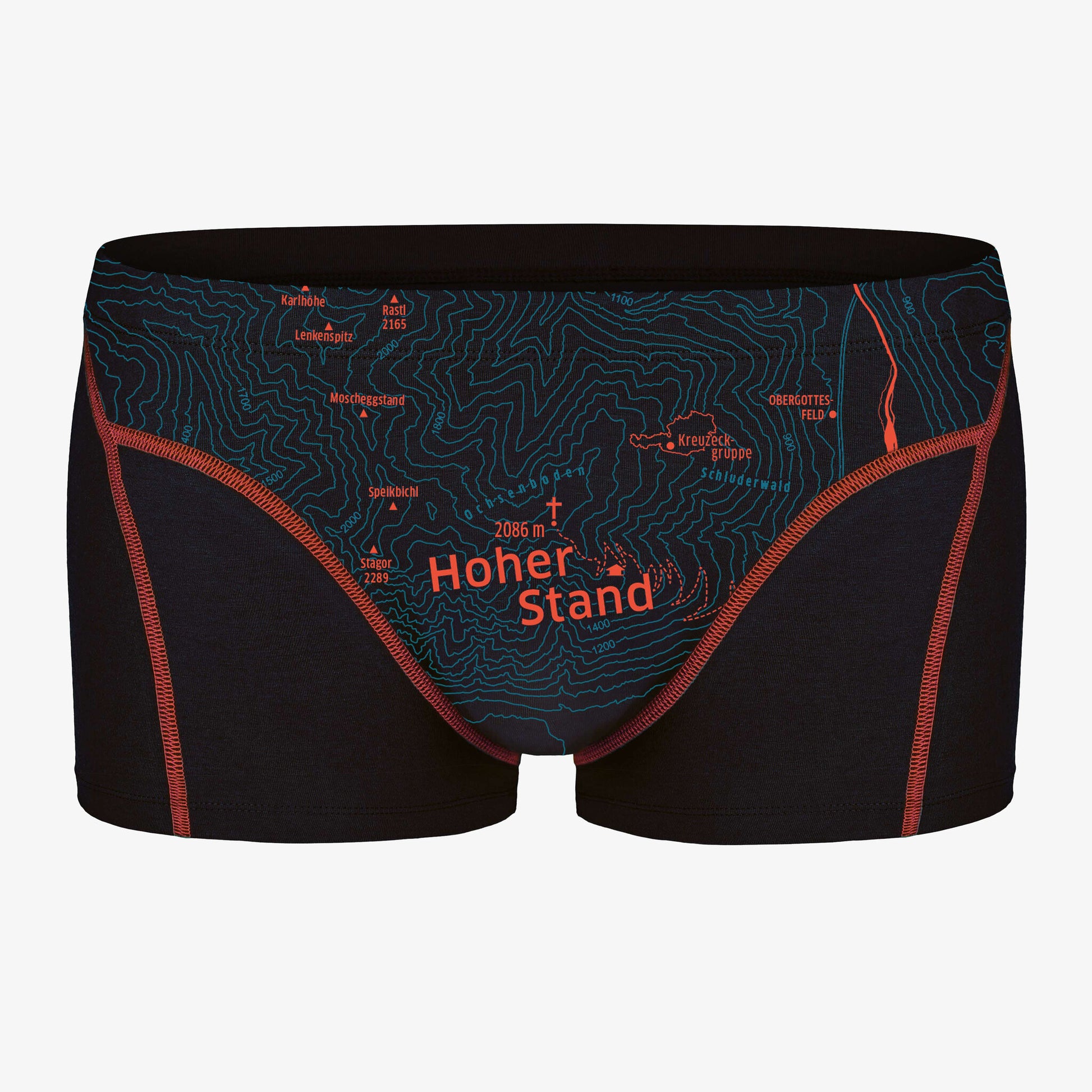 Herren Unterhose Hoher Stand. Bergmotiv. Unterhose mit Gipfel und Höhenlinien. Unterwäsche für Bergsteiger.