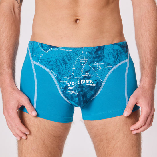 Mont Blanc Unterhose für Herren. Unterwäsche mit Gipfelmotiv. Unterhose mit Wanderkarte.