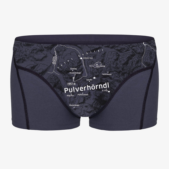Unterhose für Herren mit Bergmotiv PULVERHÖRNDL. Höhenlinien auf Unterwäsche. Lustiger Gipfelname auf Unterhose.