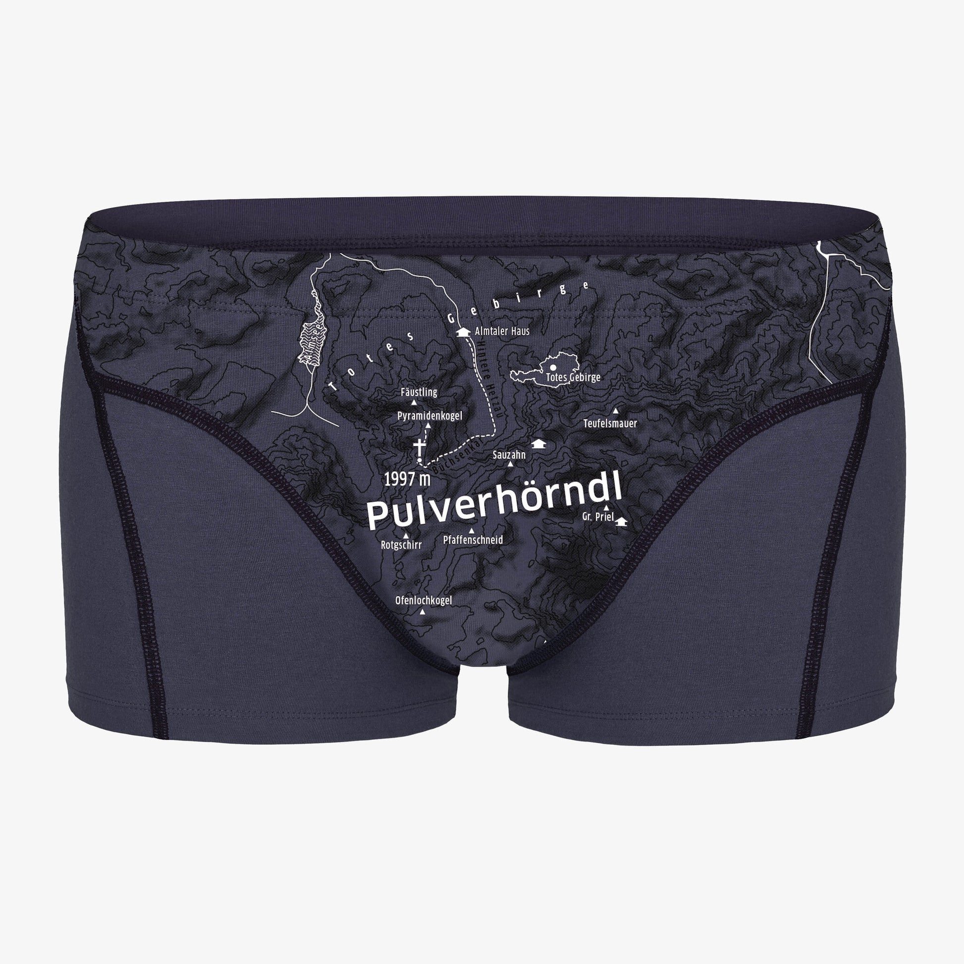 Unterhose für Herren mit Bergmotiv PULVERHÖRNDL. Höhenlinien auf Unterwäsche. Lustiger Gipfelname auf Unterhose.