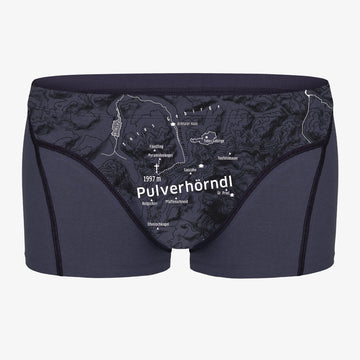 Unterhose für Herren mit Bergmotiv PULVERHÖRNDL. Höhenlinien auf Unterwäsche. Lustiger Gipfelname auf Unterhose.