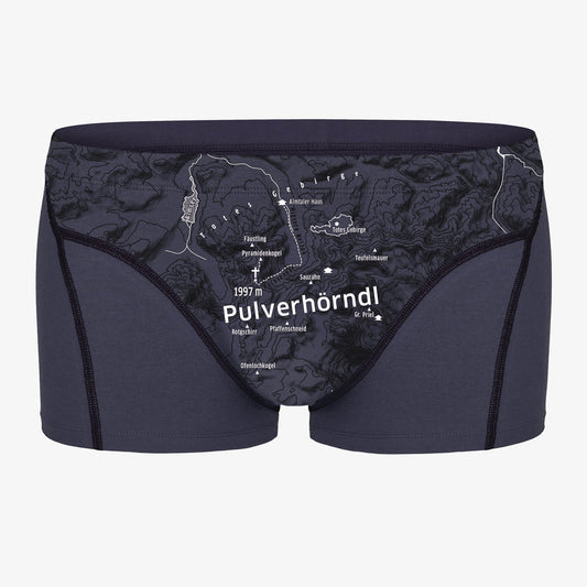 Unterhose für Herren mit Bergmotiv PULVERHÖRNDL. Höhenlinien auf Unterwäsche. Lustiger Gipfelname auf Unterhose.
