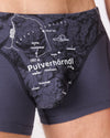 Unterhose für Herren mit Bergmotiv PULVERHÖRNDL. Höhenlinien auf Unterwäsche. Lustiger Gipfelname auf Unterhose.