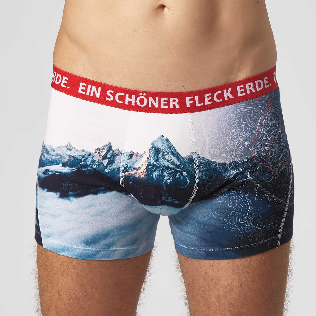 Merino-Boxershorts mit Watzmann-Motiv und rotem Bund – Ein schöner Fleck Erde