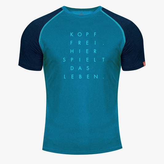 Kurzarm-Shirt Merino KOPF FREI. pfauenblau